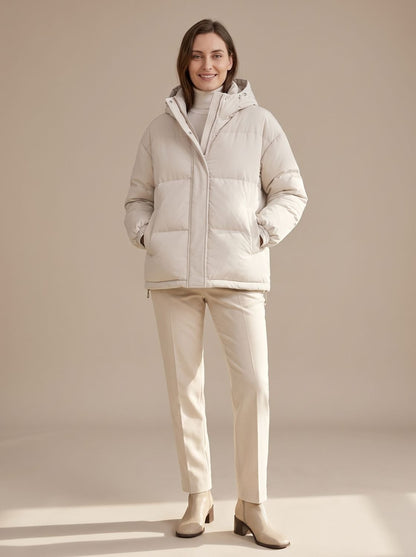 Cozy Relaxed Puffer Jacket for Women with Hooded Collar Long Sleeve Quilted Zip Winter Style