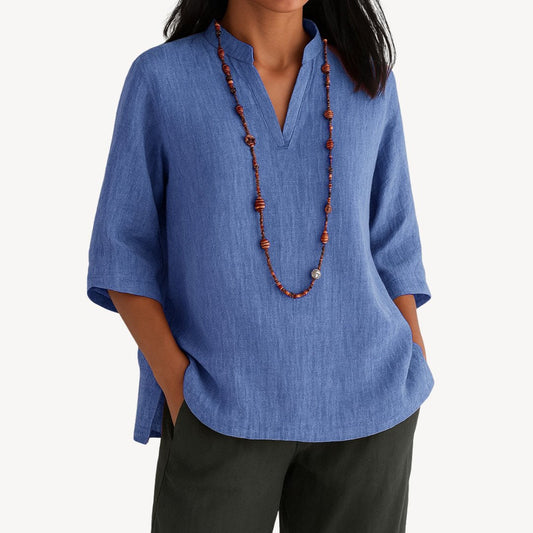 Effortless Linen Blouses for Women with V-Neckline Elbow Sleeve Relaxed Tunic Style