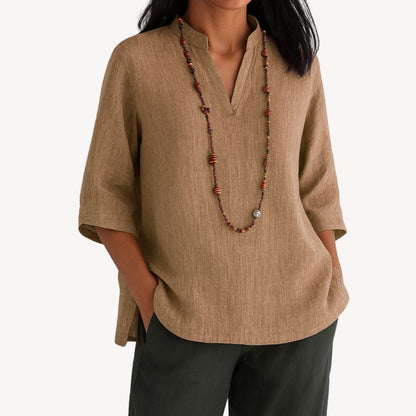 Effortless Linen Blouses for Women with V-Neckline Elbow Sleeve Relaxed Tunic Style
