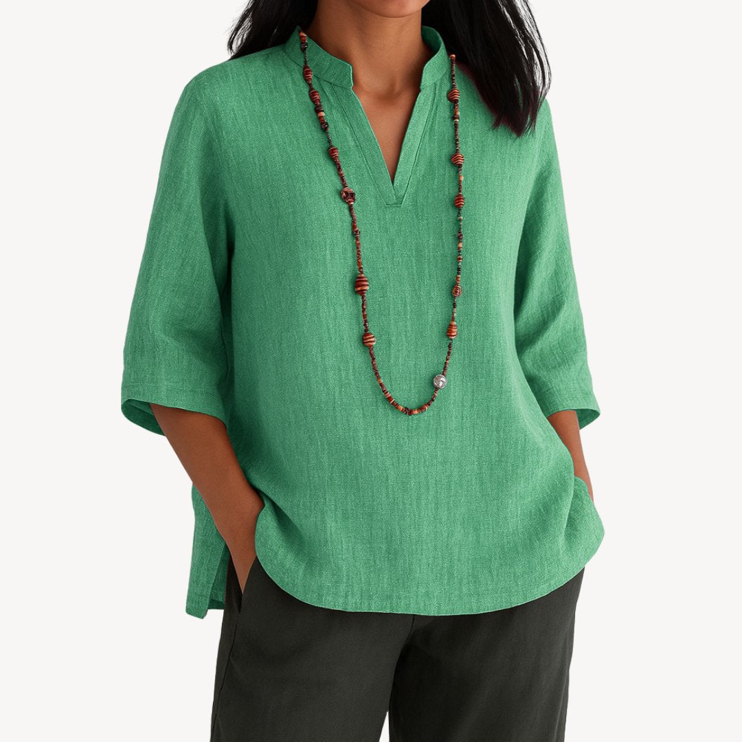 Effortless Linen Blouses for Women with V-Neckline Elbow Sleeve Relaxed Tunic Style