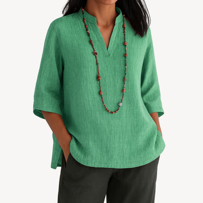 Effortless Linen Blouses for Women with V-Neckline Elbow Sleeve Relaxed Tunic Style