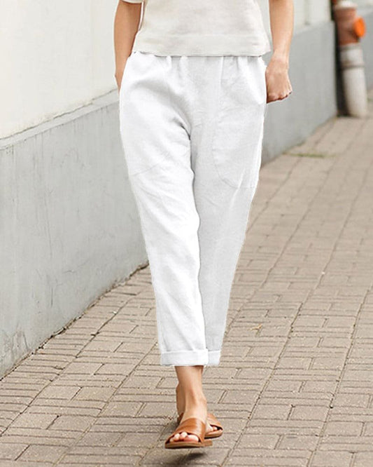 Effortless Linen Pants for Women with Elastic Waist Tapered Cuffed Hem Relaxed Style