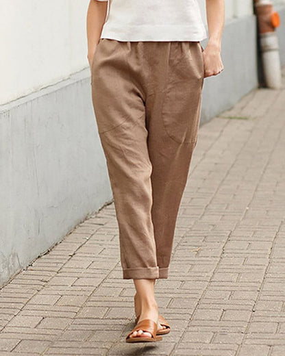 Effortless Linen Pants for Women with Elastic Waist Tapered Cuffed Hem Relaxed Style