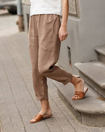 Effortless Linen Pants for Women with Elastic Waist Tapered Cuffed Hem Relaxed Style