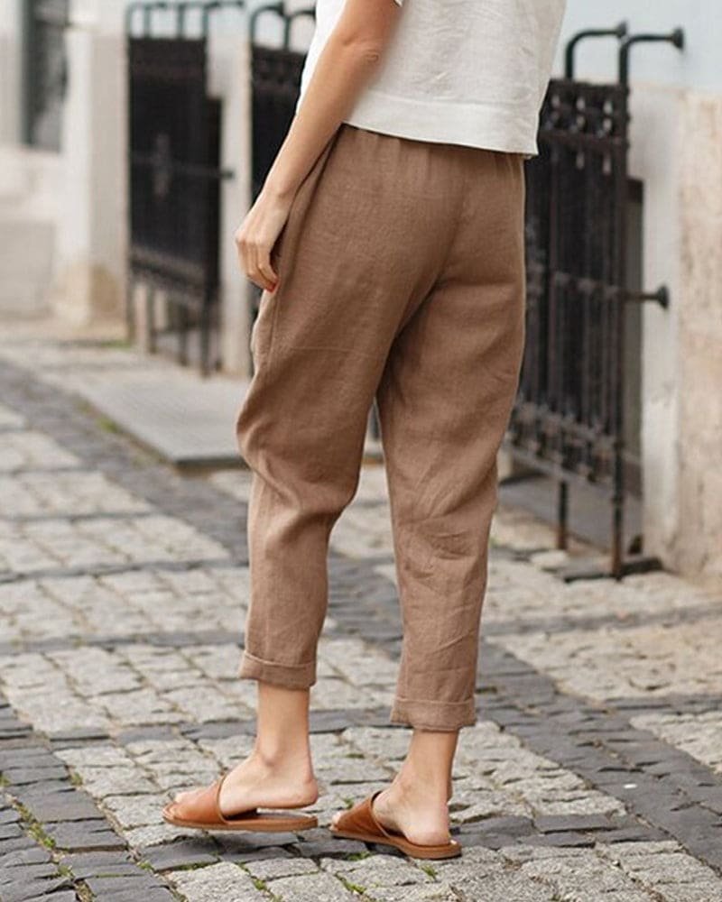 Effortless Linen Pants for Women with Elastic Waist Tapered Cuffed Hem Relaxed Style