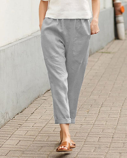Effortless Linen Pants for Women with Elastic Waist Tapered Cuffed Hem Relaxed Style