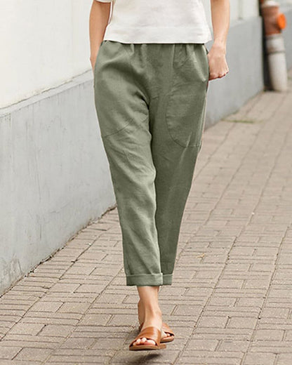 Effortless Linen Pants for Women with Elastic Waist Tapered Cuffed Hem Relaxed Style