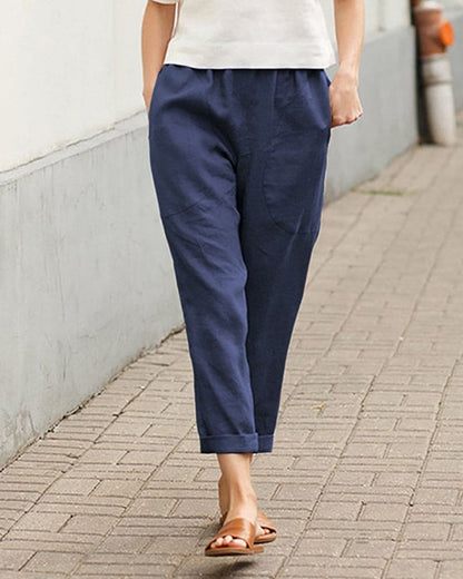 Effortless Linen Pants for Women with Elastic Waist Tapered Cuffed Hem Relaxed Style