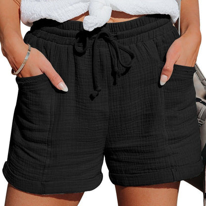 Effortless Textured Cotton Shorts for Women with Drawstring Elastic Waist Cuffed Hem Casual Style