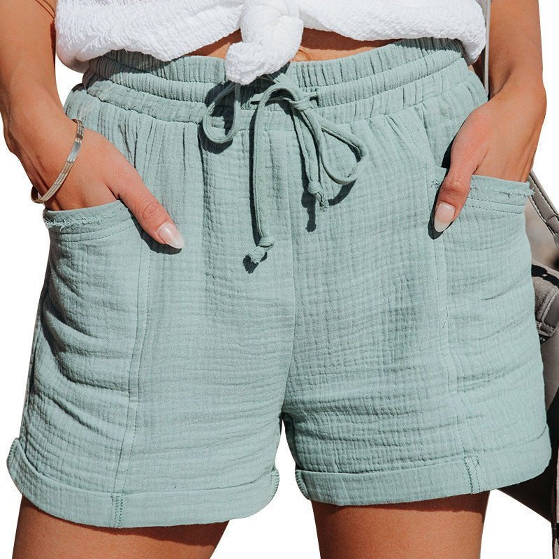 Effortless Textured Cotton Shorts for Women with Drawstring Elastic Waist Cuffed Hem Casual Style