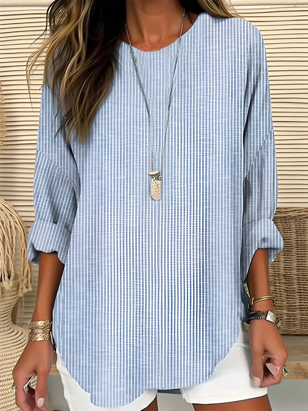 Effortless Blouses for Women with Long Sleeve Striped Crew Neck Relaxed Fit
