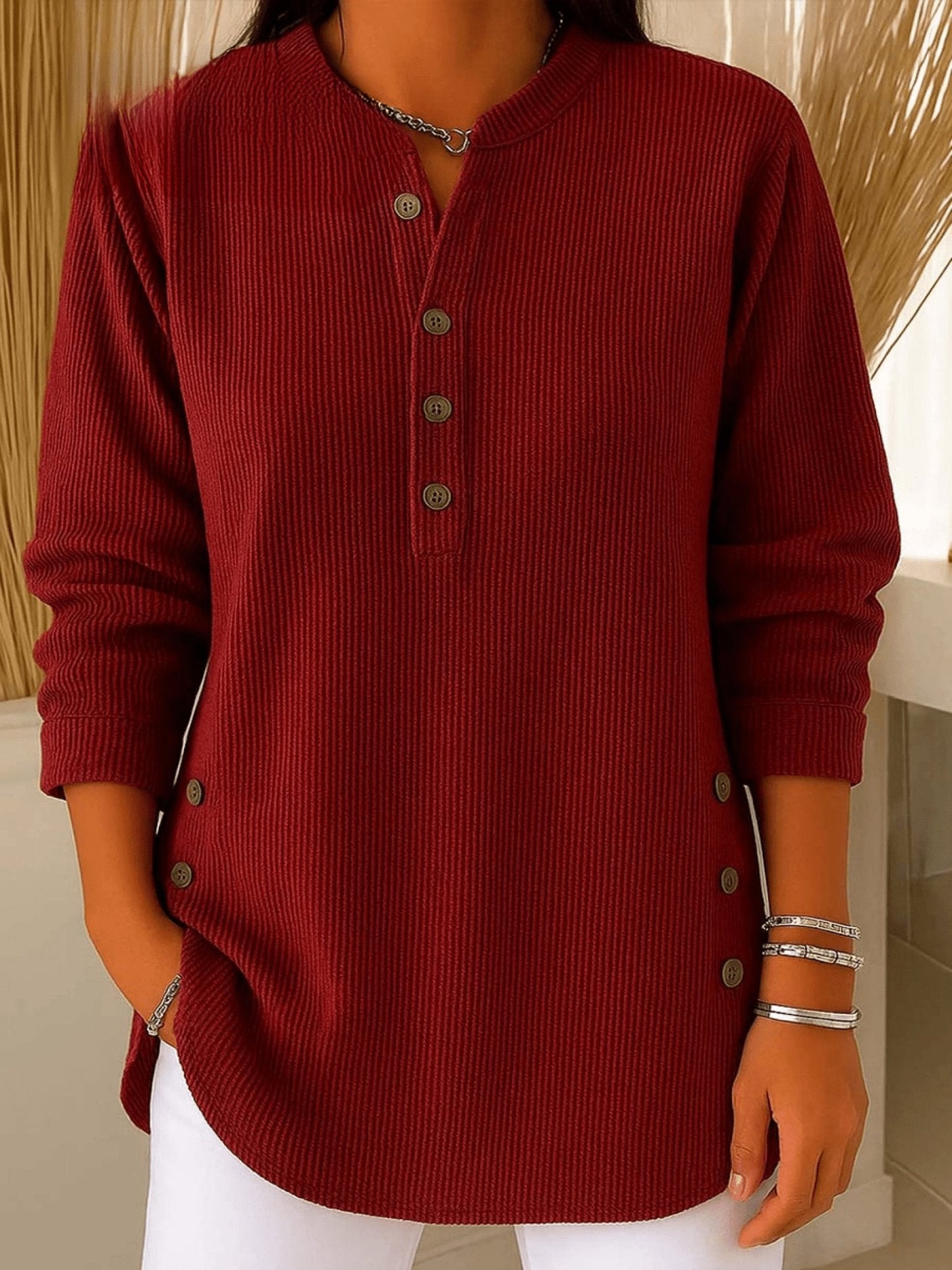 Effortless Tunics for Women with Longline Ribbed Henley Relaxed Fit Curved Hem