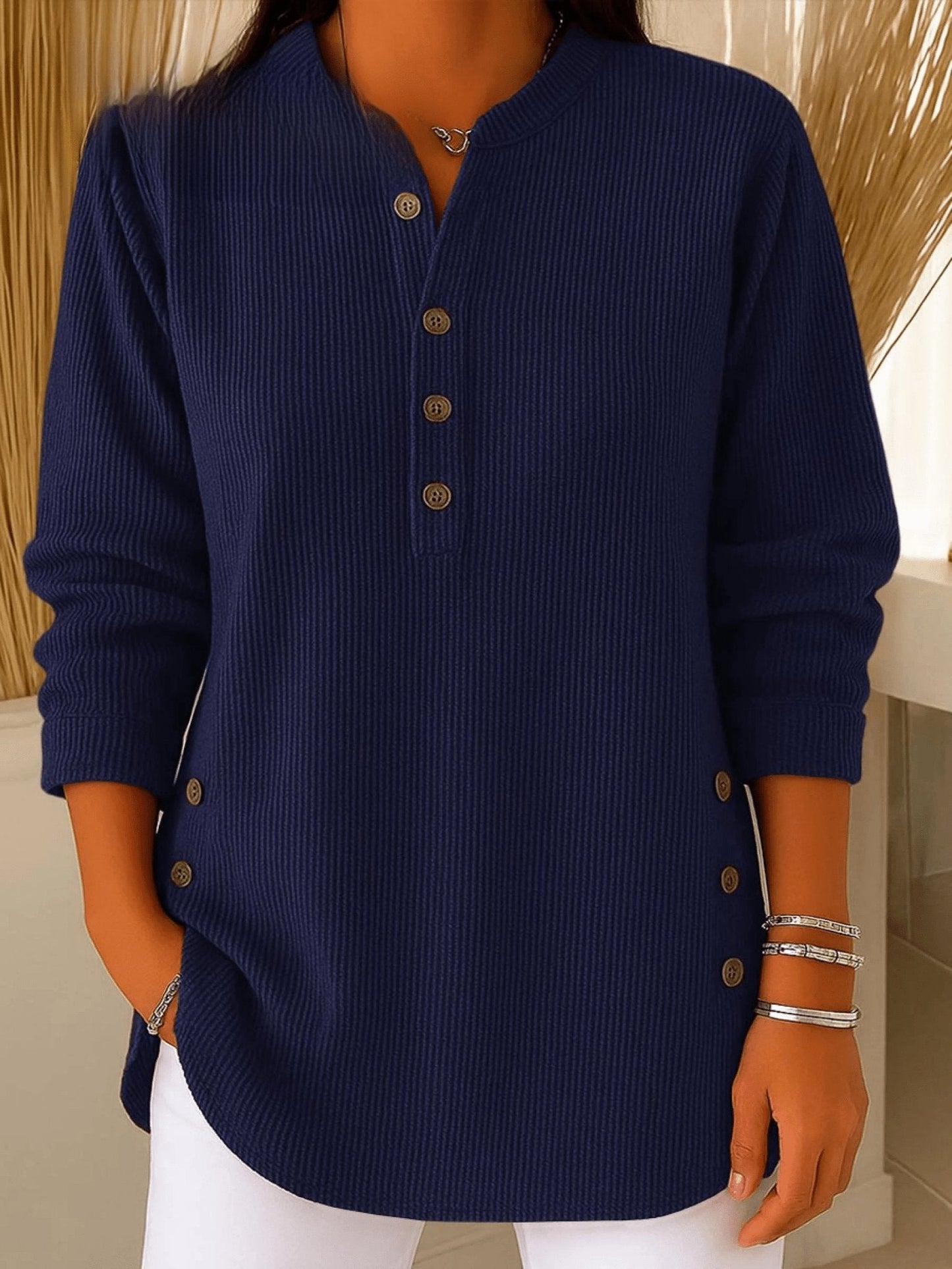 Effortless Tunics for Women with Longline Ribbed Henley Relaxed Fit Curved Hem