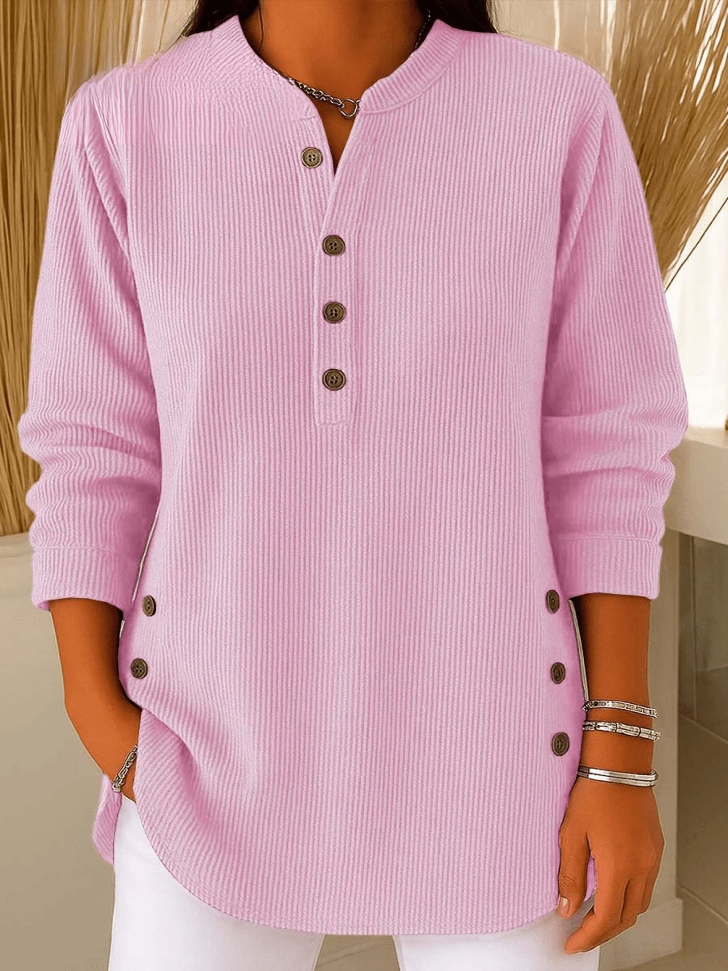 Effortless Tunics for Women with Longline Ribbed Henley Relaxed Fit Curved Hem