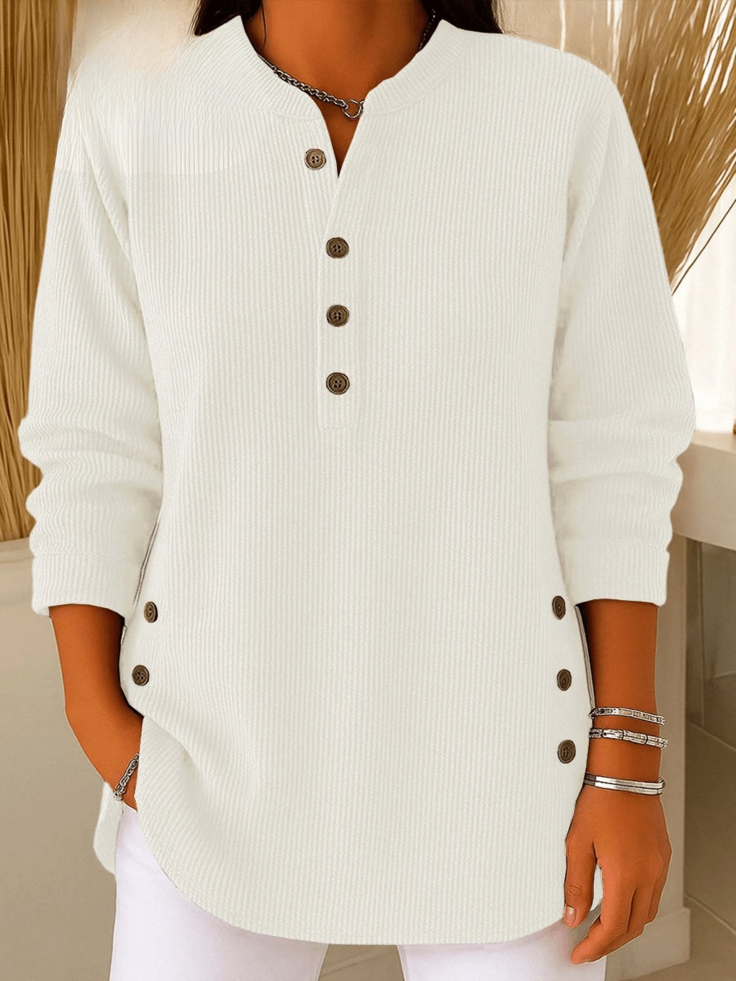 Effortless Tunics for Women with Longline Ribbed Henley Relaxed Fit Curved Hem