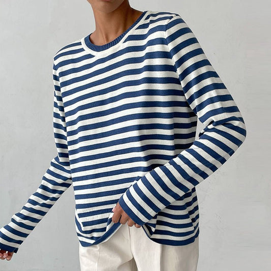 Effortless Sweaters for Women with Nautical Stripe Crew Neckline Relaxed Long Sleeve Style