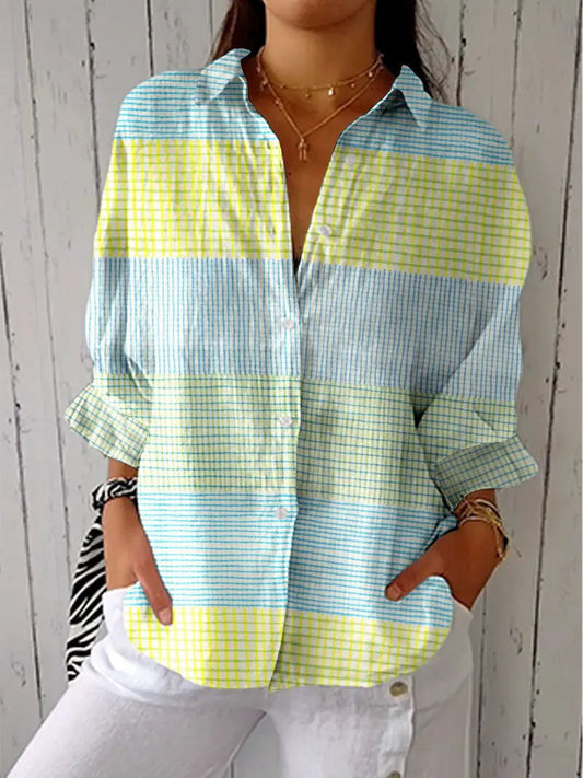 Effortless Multicolor Blouses for Women with Pastel Grid Button Front V Neckline