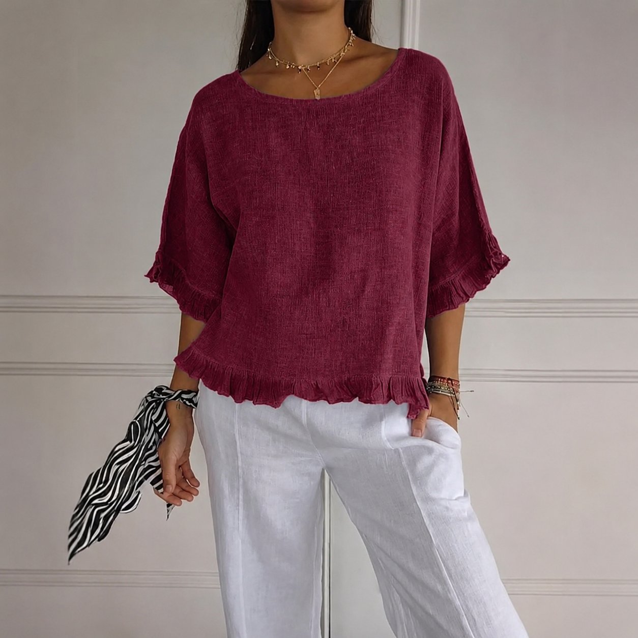 Effortless Blouses for Women with Ruffle Hem Relaxed Linen Style