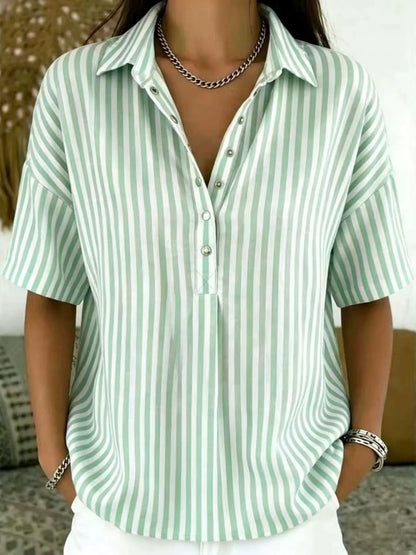 Effortless Blouses for Women with Striped Collared Half Button Relaxed Fit