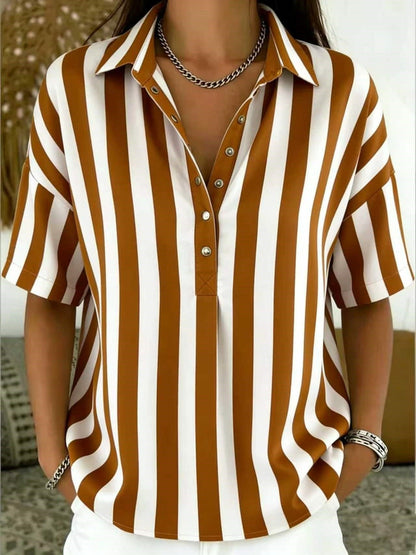 Effortless Blouses for Women with Striped Collared Half Button Relaxed Fit