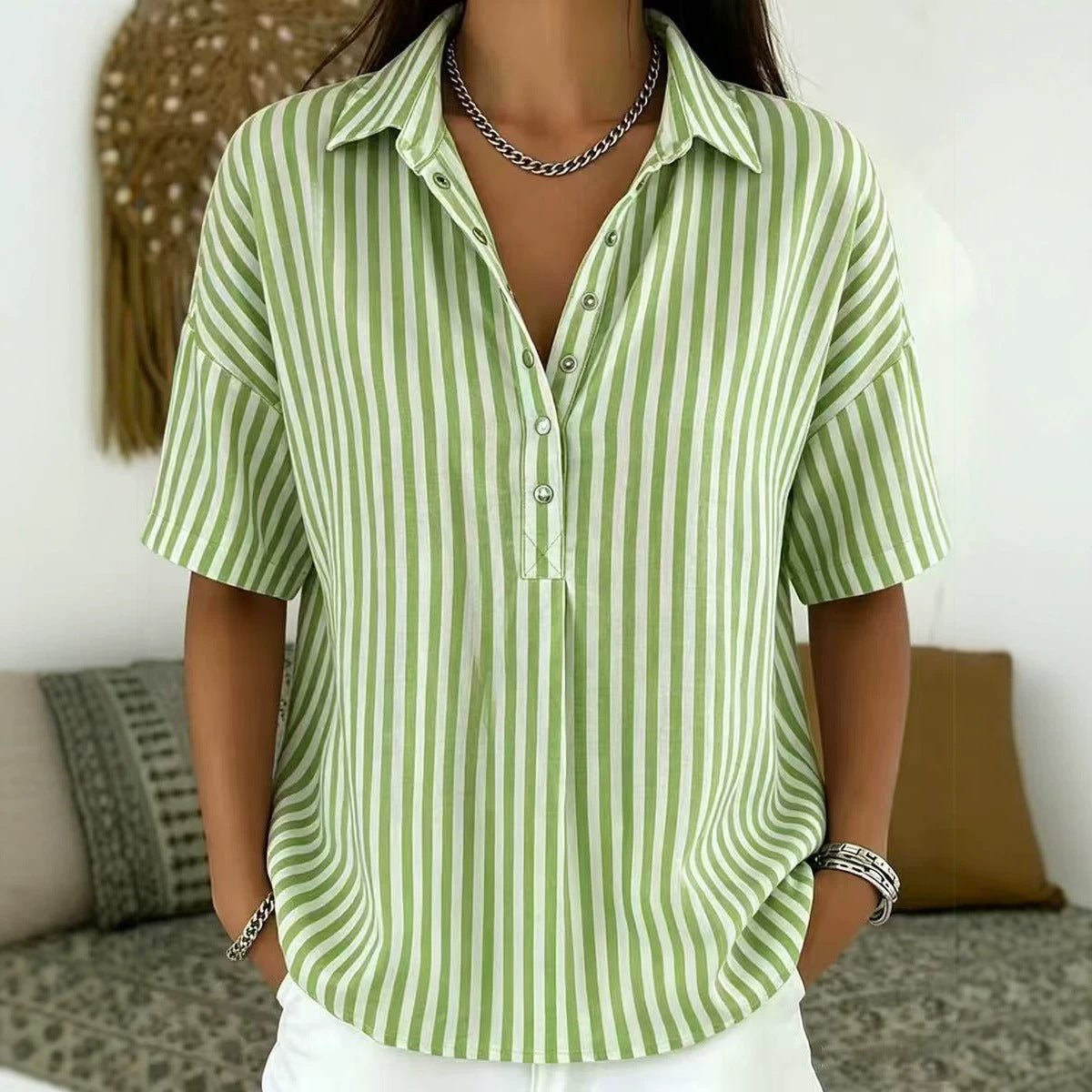 Effortless Blouses for Women with Striped Collared Half Button Relaxed Fit