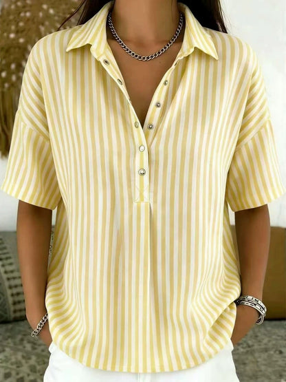 Effortless Blouses for Women with Striped Collared Half Button Relaxed Fit
