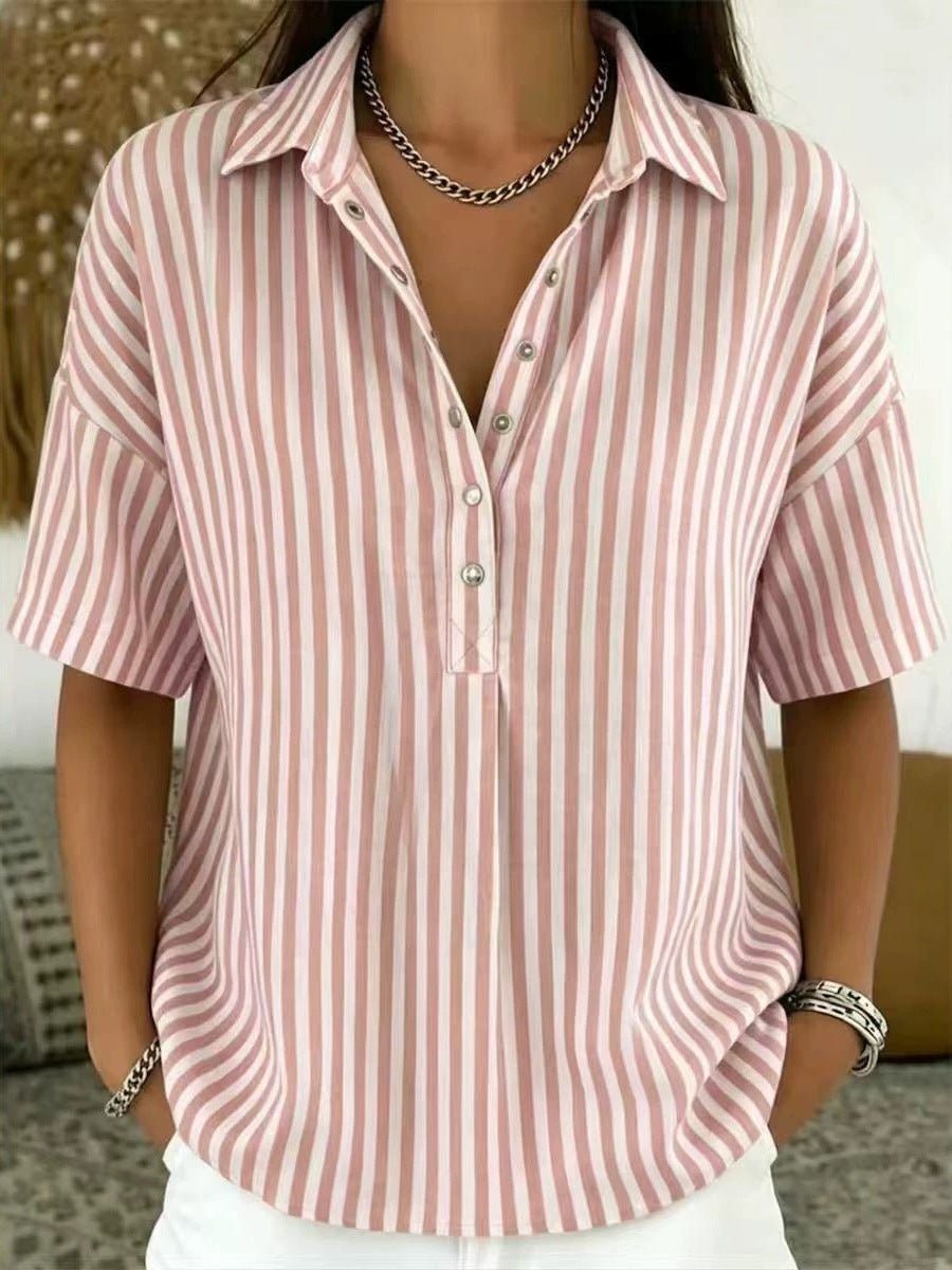 Effortless Blouses for Women with Striped Collared Half Button Relaxed Fit