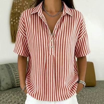 Effortless Blouses for Women with Striped Collared Half Button Relaxed Fit