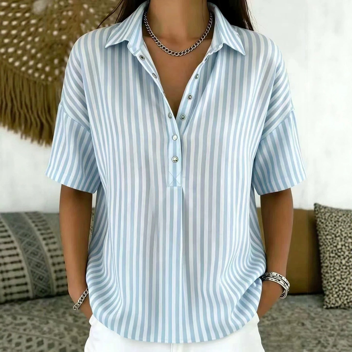 Effortless Blouses for Women with Striped Collared Half Button Relaxed Fit