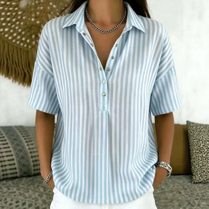 Effortless Blouses for Women with Striped Collared Half Button Relaxed Fit