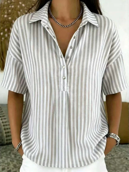 Effortless Blouses for Women with Striped Collared Half Button Relaxed Fit