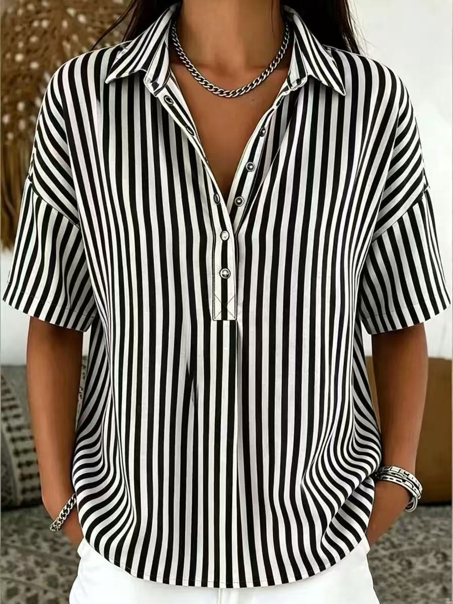 Effortless Blouses for Women with Striped Collared Half Button Relaxed Fit