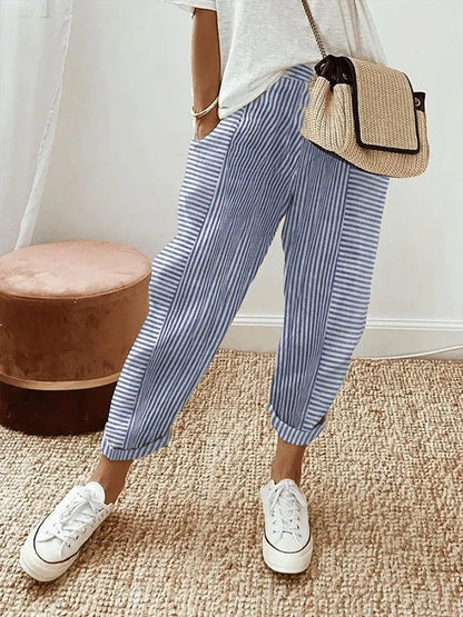 Effortless Striped Tapered Pants for Women with High Waist Cuffed Hem Relaxed Casual Style