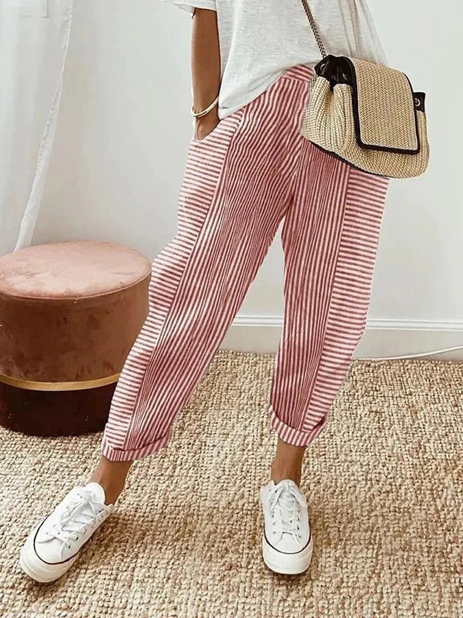 Effortless Striped Tapered Pants for Women with High Waist Cuffed Hem Relaxed Casual Style