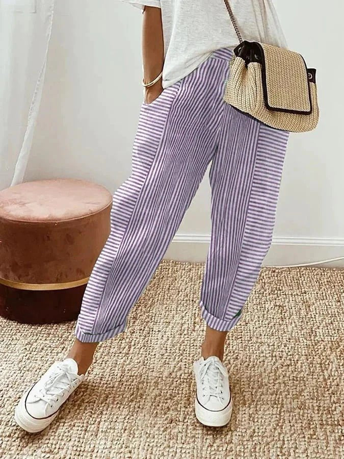 Effortless Striped Tapered Pants for Women with High Waist Cuffed Hem Relaxed Casual Style