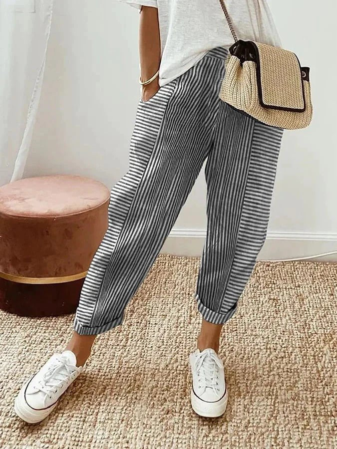 Effortless Striped Tapered Pants for Women with High Waist Cuffed Hem Relaxed Casual Style