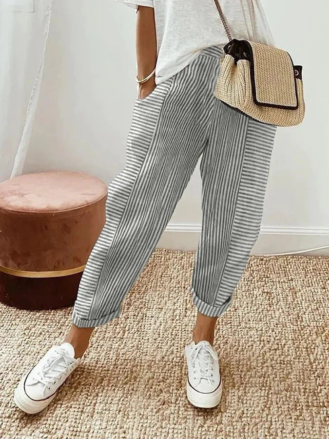 Effortless Striped Tapered Pants for Women with High Waist Cuffed Hem Relaxed Casual Style
