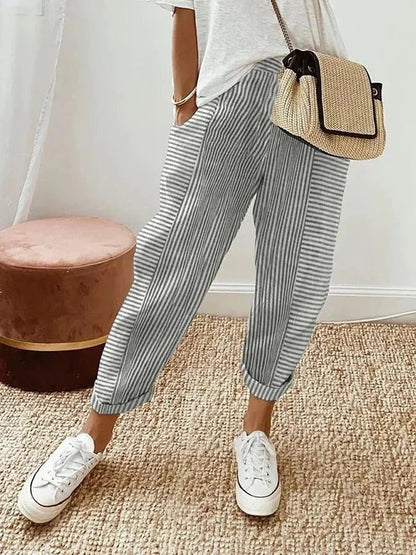 Effortless Striped Tapered Pants for Women with High Waist Cuffed Hem Relaxed Casual Style