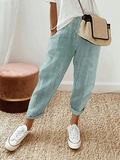Effortless Striped Tapered Pants for Women with High Waist Cuffed Hem Relaxed Casual Style