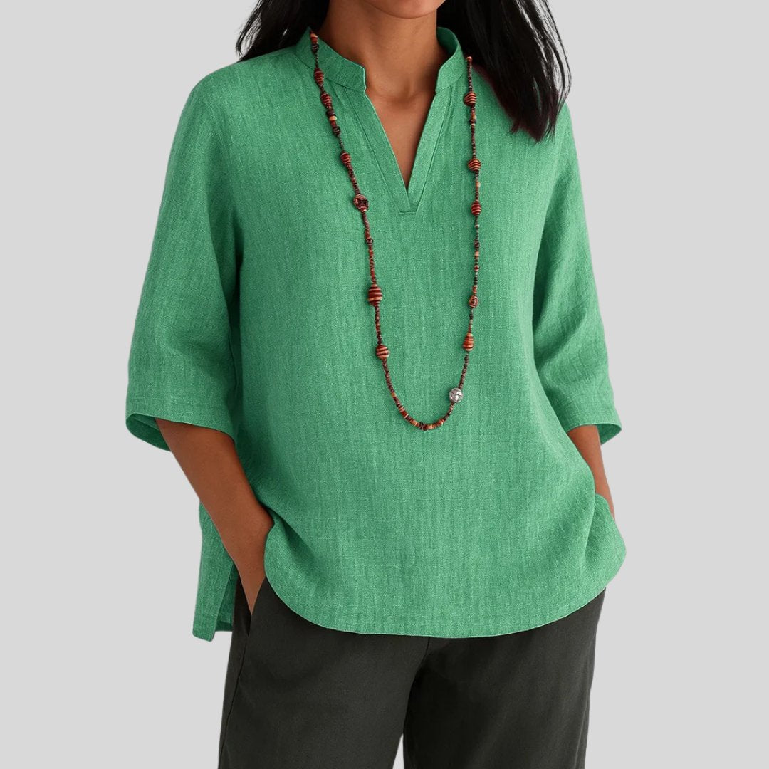 Effortless Tunics for Women with V-Neckline Elbow Sleeve Relaxed Linen Style