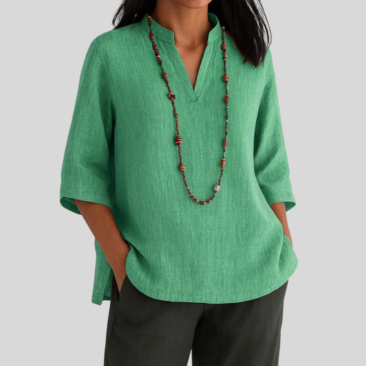 Effortless Tunics for Women with V-Neckline Elbow Sleeve Relaxed Linen Style