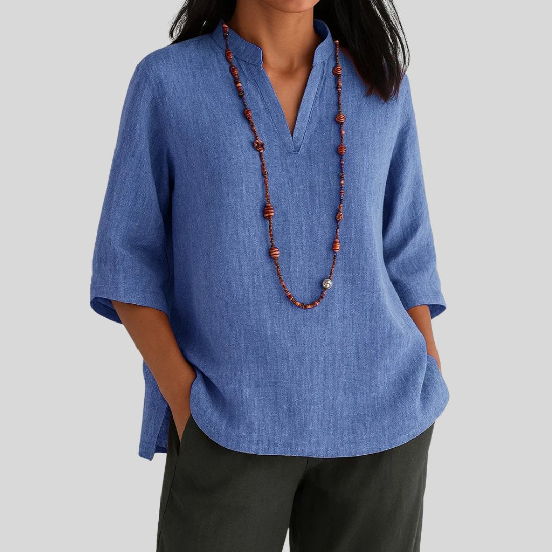 Effortless Tunics for Women with V-Neckline Elbow Sleeve Relaxed Linen Style