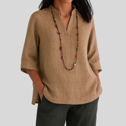 Effortless Tunics for Women with V-Neckline Elbow Sleeve Relaxed Linen Style