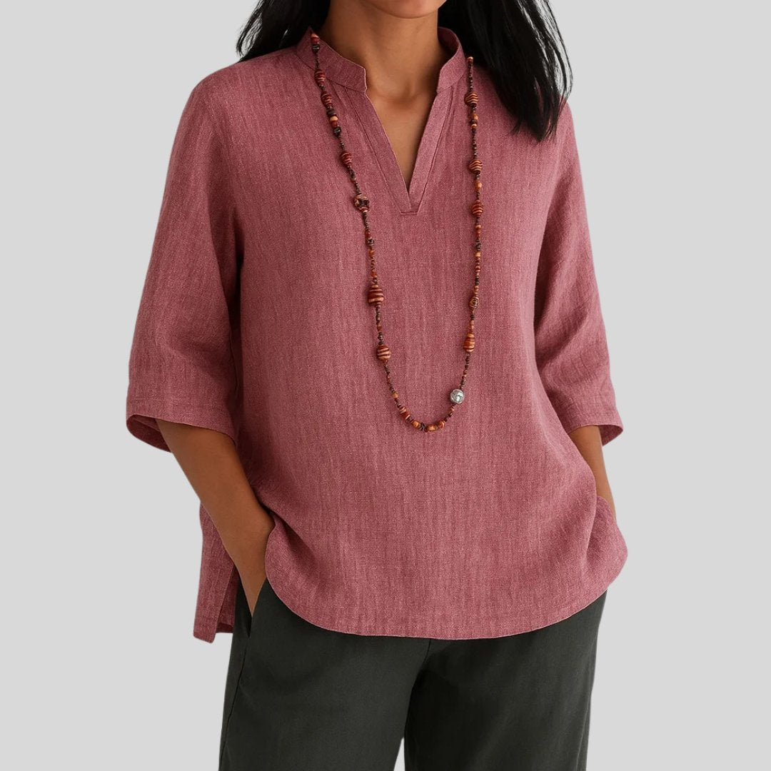 Effortless Tunics for Women with V-Neckline Elbow Sleeve Relaxed Linen Style