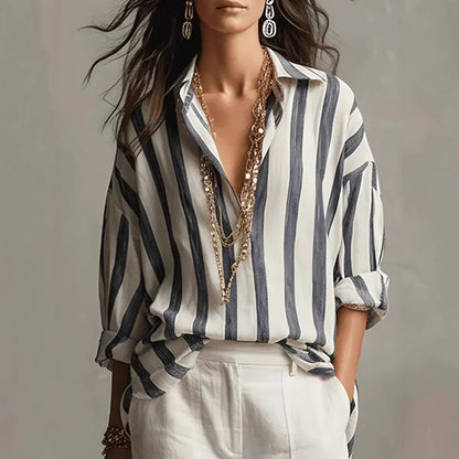 Effortless Blouses for Women with Vertical Stripe Open Collar Long Sleeve Relaxed Fit