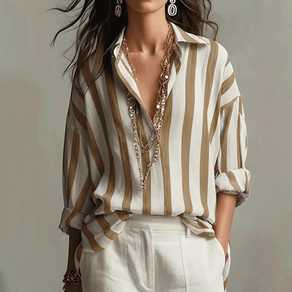 Effortless Blouses for Women with Vertical Stripe Open Collar Long Sleeve Relaxed Fit
