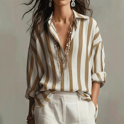 Effortless Blouses for Women with Vertical Stripe Open Collar Long Sleeve Relaxed Fit