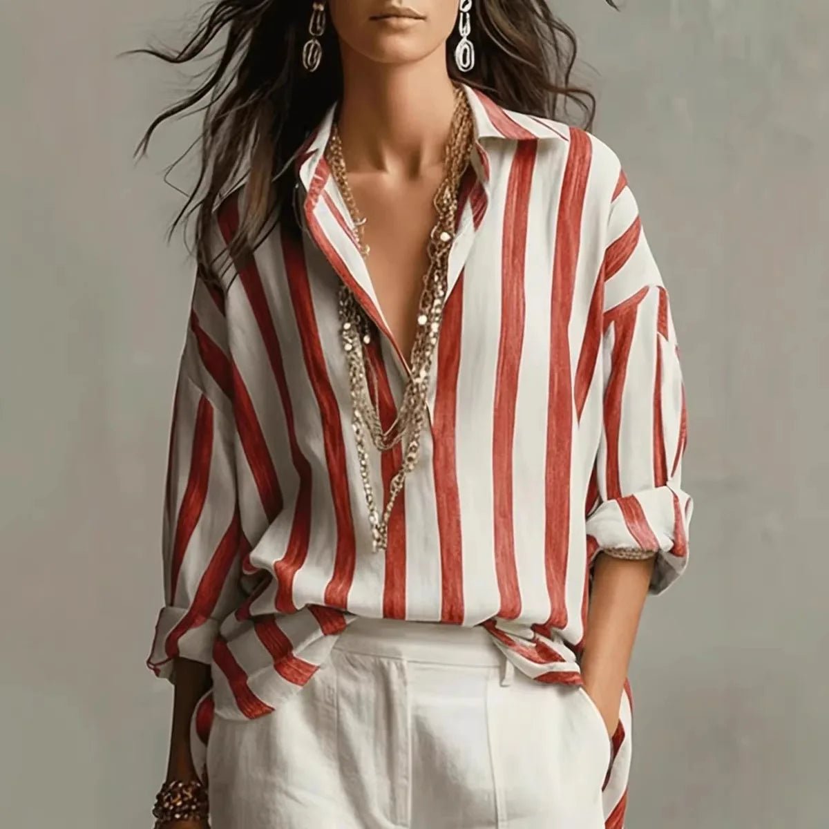Effortless Blouses for Women with Vertical Stripe Open Collar Long Sleeve Relaxed Fit