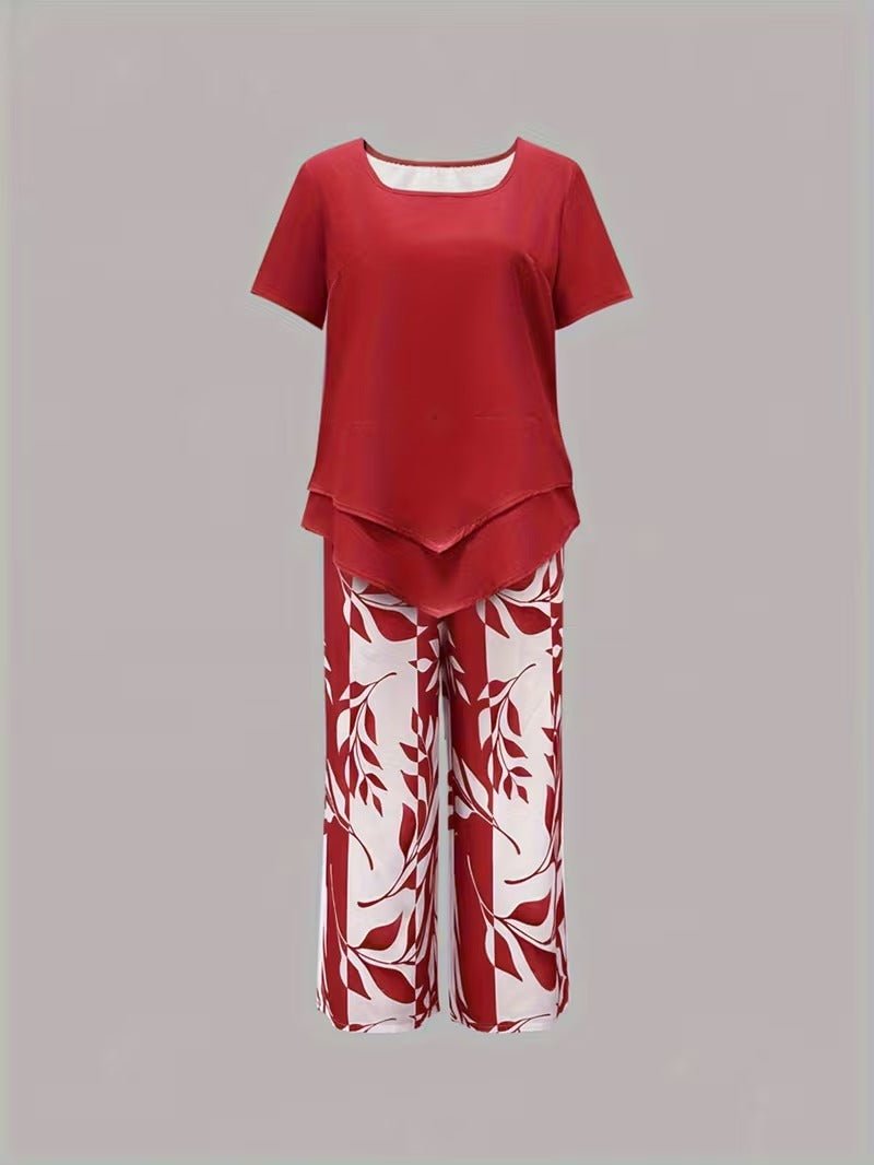 Effortless Floral Wide Leg Set for Women with V Neck Short Sleeve Relaxed Two Piece Style