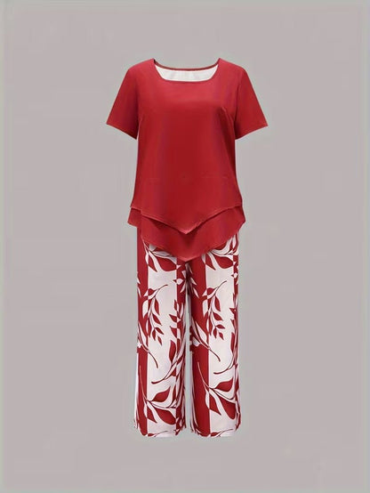 Effortless Floral Wide Leg Set for Women with V Neck Short Sleeve Relaxed Two Piece Style